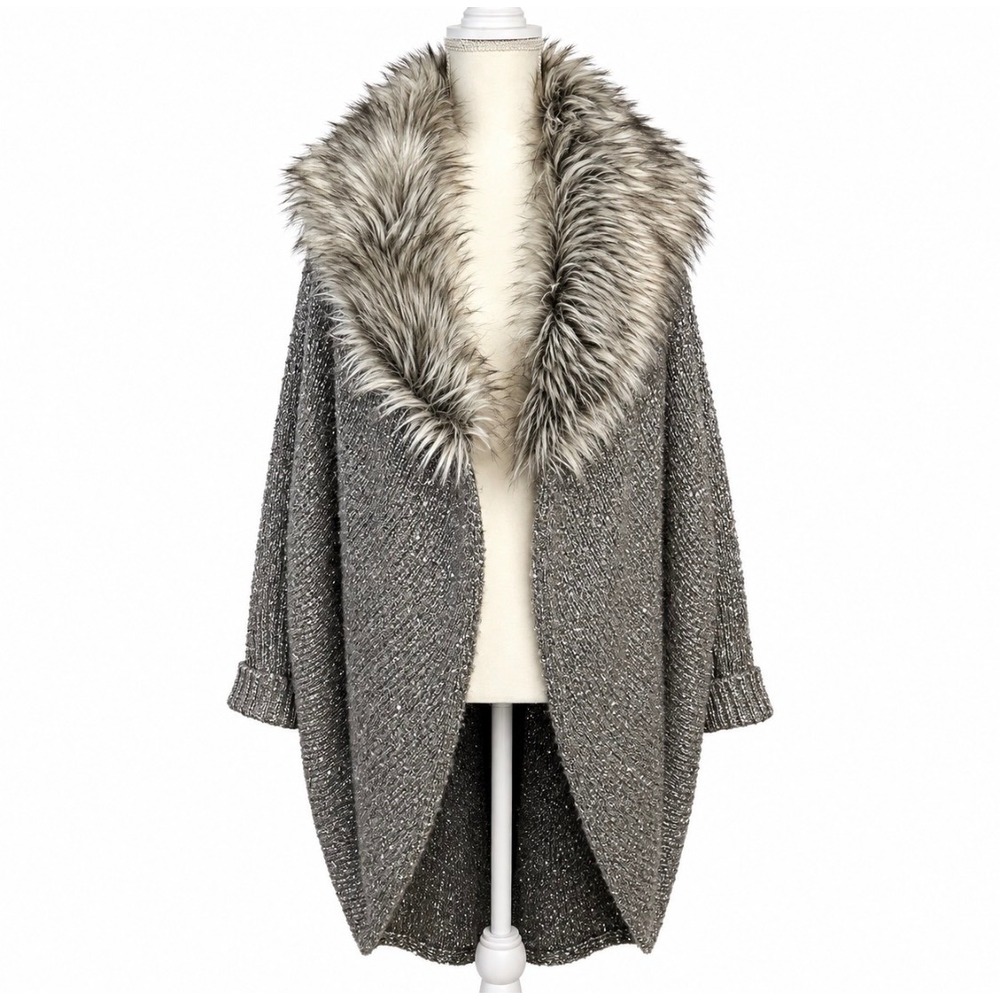 J Lo Metallic Faux Fur Cardigan M Open Front Gray Silver Sequin Glam NYE Bratz